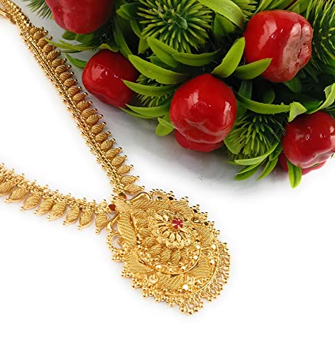 Image of CUTE GOLD One Gram Micro Gold Plated Traditional South Indian Fashion Jewellery Stylish Ruby Emrald Stone Long Haram Set for Women & Girls
