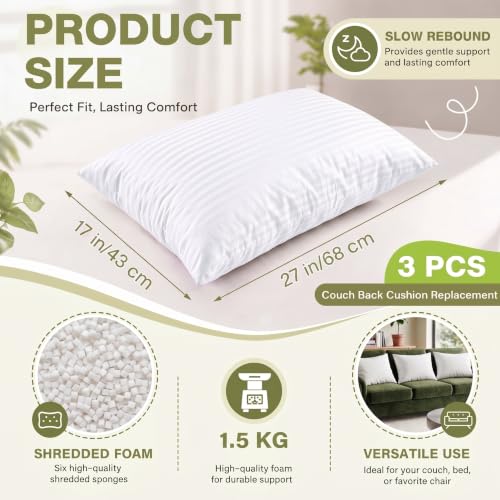Image of Leinuosen 3 Pcs 17x27 Shredded Memory Foam Couch Back Cushion Replacement, Zippered Pillow Inserts with Breathable Polyester Satin Cover, Lumbar Support for Sofa Chair Floor, Fits 19x29 Pillow Cover
