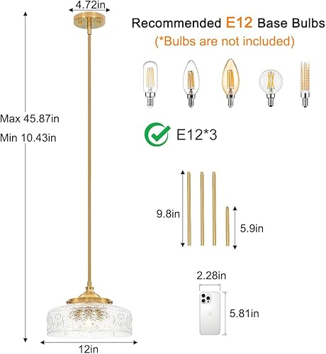 Miniatura 5 de 3 luces colgantes ajustables para isla de cocina, metal cepillado dorado y vidrio transparente, luces colgantes de latón vintage para baño, pasillo,