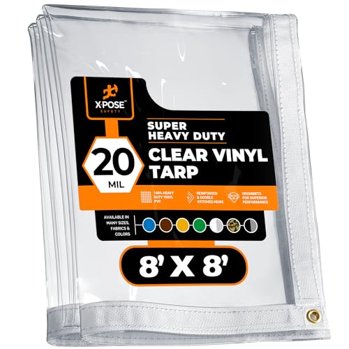 8' x 8' Clear Vinyl Tarp - Super Heavy Duty 20 Mil Transparent Waterproof PVC Tarpaulin with Brass Grommets - for Patio Enclosure, Camping, Outdoor Tent Cover, Porch Canopy - by Xpose Safety