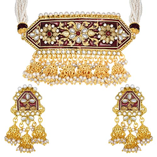 Aheli Indian Traditional Pearl and Kundan Choker Necklace with Earrings Set Bollywood Wedding Party Wear Jewelry for Women
