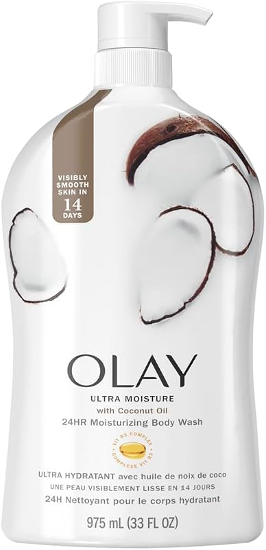 Sabonete líquido corporal Olay Ultra Moisture com fragrância de óleo de coco, Complexo de Vitamina B3, sem parabenos e ftalatos, Pacote com 4 de 33 oz