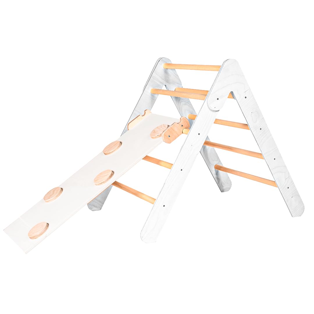 mamikids - Arrampicata per Bambini Richiudibile in Legno Naturale 70x60cm, Triangolo con Scivolo per Bambini 1-5 Anni, Giochi Educativi Montessori - Made in Italy, Bianco