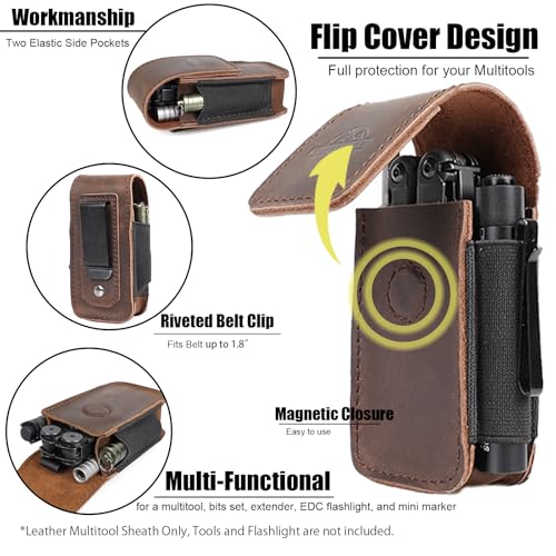 Image of Topstache Leather Multitool Sheath - Belt Clip Multitool Holster for Leatherman - Leather Tool Pouch - Multi Tool Case Sheath for Belt - Magnetic Closure Pocket EDC Organizer, M,DarkBrown