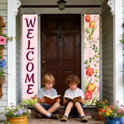 Image of Nuxovilar Spring Tulip Butterfly Banners Set 12x70 Inches Polyester | Spring Porch Sign, Hanging Decor Floral Welcome Banner, Tulip Butterfly Accent Patio, Yard, Outdoor (Floral Spring)