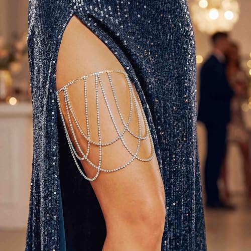 EVAZEN Rhinestone Thigh Chain Jewelry for Women Layer Body Chain Summer Rhinestone Garer(SIlver)
