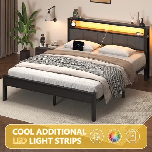 Image of E-Motie Queen Size Bed Frame with LED Lights and Charging Station, Wood Storage Headboard with 2-Tier Shelves, Heavy Duty Metal Slats, No Box Spring Need, Noise Free, Easy Assembly, Light Grey