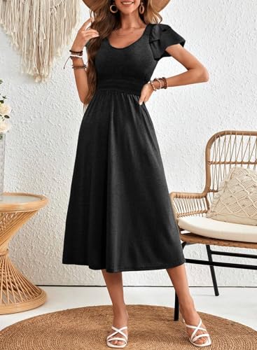 Image of Dokotoo Women's Ruffle Short Sleeve High Waisted Midi Dress 2025 Spring Summer Casual Crewneck A-Line Dress