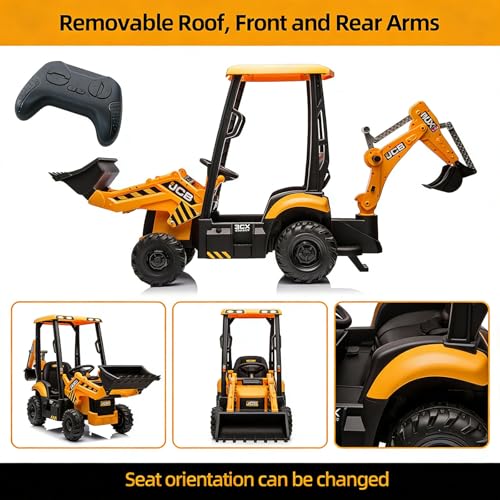 Image of 12V Ride on Excavator with Trailer & Front Loader Outdoor Gift for Boys Girls with 4-in-1 Construction Attachments (Excavator, Dump Truck Bulldozer), Tractor Remote Control Yellow