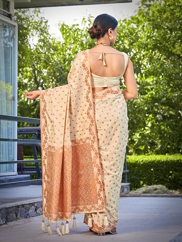 Image of MANOHARI Women's Trendy Banarasi Satin Silk Woven Saree with Heavy Jacquard Work, Elegant Design for Women with Lace Border Unstitched Blouse Piece for Weddings & Festive Occasions