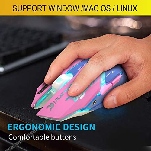 IULONEE Gaming Mouse, Wired USB Computer Mouse Silent Comfortable 7 Colors Backlit Optical Game Mice Ergonomic Full Size with 3200 DPI and 6 Buttons for PC Laptop Desktop (Pink & Blue)