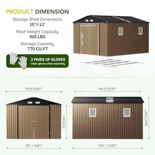 Image of Outdoor Storage Shed 10x12FT with Frame Floor, Skylight Roof Panels, Metal Utility Garden Tool Shed with Lockable Doors & Windows for Patio Storage, Brown