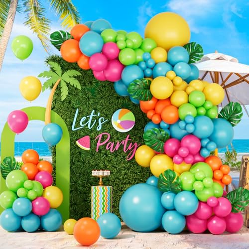 Image of 131pcs Summer Tropical Balloon Arch Garland Kit -Double Stuffed Hot Pink Orange Light Blue Balloon for Hawaiian Summer Beach Aloha Luau Birthday Baby Shower Party Decor