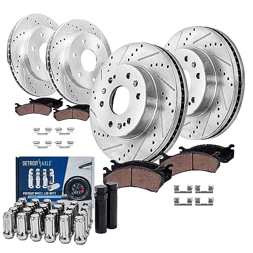 Image of Detroit Axle - Brake Kit for Silverado Sierra Suburban 1500 Chevy GMC Cadillac Escalade Yukon, Front and Rear Drilled Slotted Brake Rotors Ceramic Brake Pads Wheel Lug Nuts Socket Keys Replacement