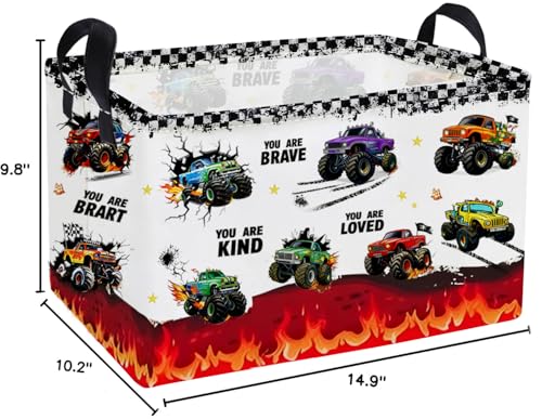 Image of Essme Rectangular Car Baskets,Monster Truck Storage Box,Cute Basket with Handles for Room Decor, Book Bins,Shelf Basket.(Flame truck)