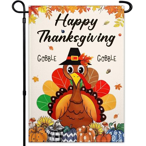 Happy Thanksgiving Garden Flag for Outside 12x18 Double Sided Thanksgiving Turkey Garden Flag 3 Ply Gobble Flags for Outdoor Lawn Indoor Yard Holiday Decor