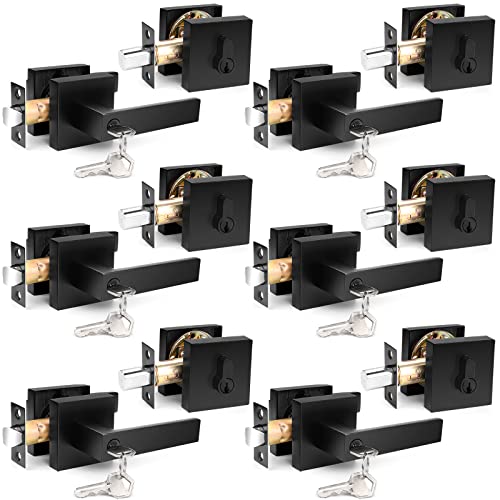 Probrico Flat Black Entry Levers Lock Sets and Single Cylinder Deadbolts Keyed Alike Combination Set, Heavy Duty Square Entry Door Locksets Front Door Bedroom Entrance Handles, 6 Pack(All Same Keys)