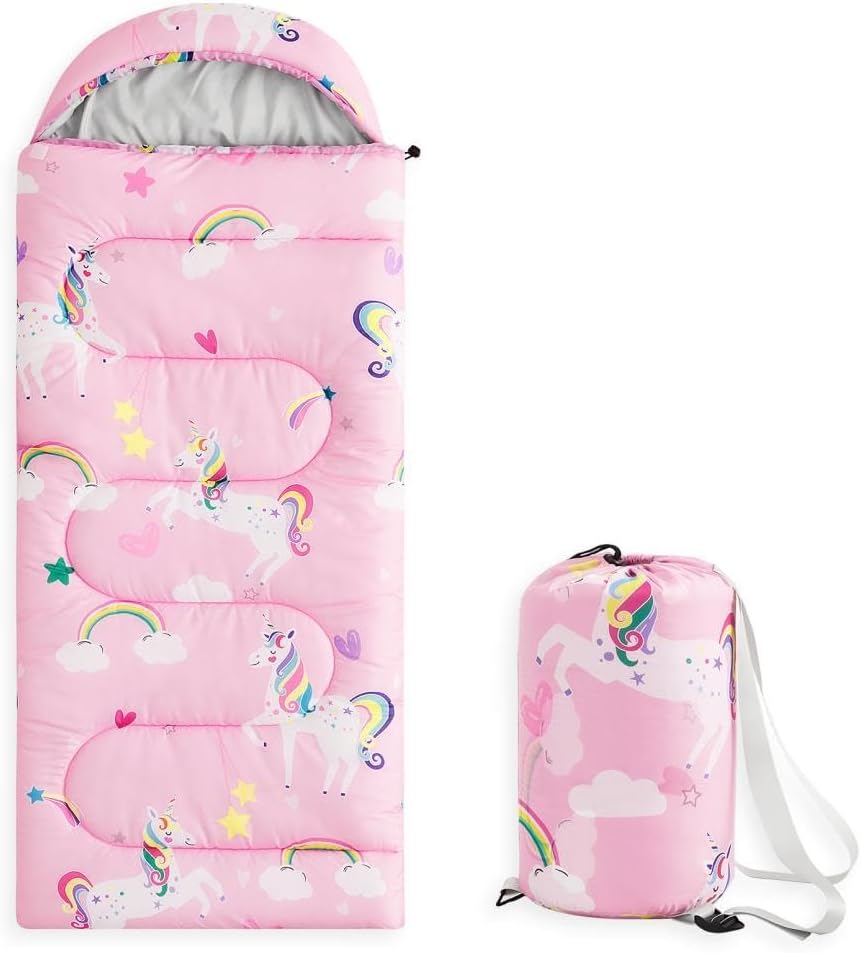 Wake In Cloud - Kids Sleeping Bag for Girls Toddlers, Camping in Warm Cold Weather, Backpacking Lightweight Compact Outdoor Liner for 3 Seasons, Unicorns Rainbow Clouds