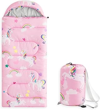 Wake In Cloud - Kids Sleeping Bag for Girls Toddlers, Camping in Warm Cold Weather, Backpacking Lightweight Compact Outdoor Liner for 3 Seasons, Unicorns Rainbow Clouds