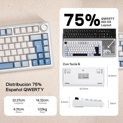 Image of EPOMAKER Aula F75 ISO-ES Wireless Mechanical Gaming Keyboard, 75% Spanish Layout with Knob, Creamy Gasket, Sound-Dampening, RGB, Hot-Swap, BT /2.4Ghz (Sea Salt Blue)