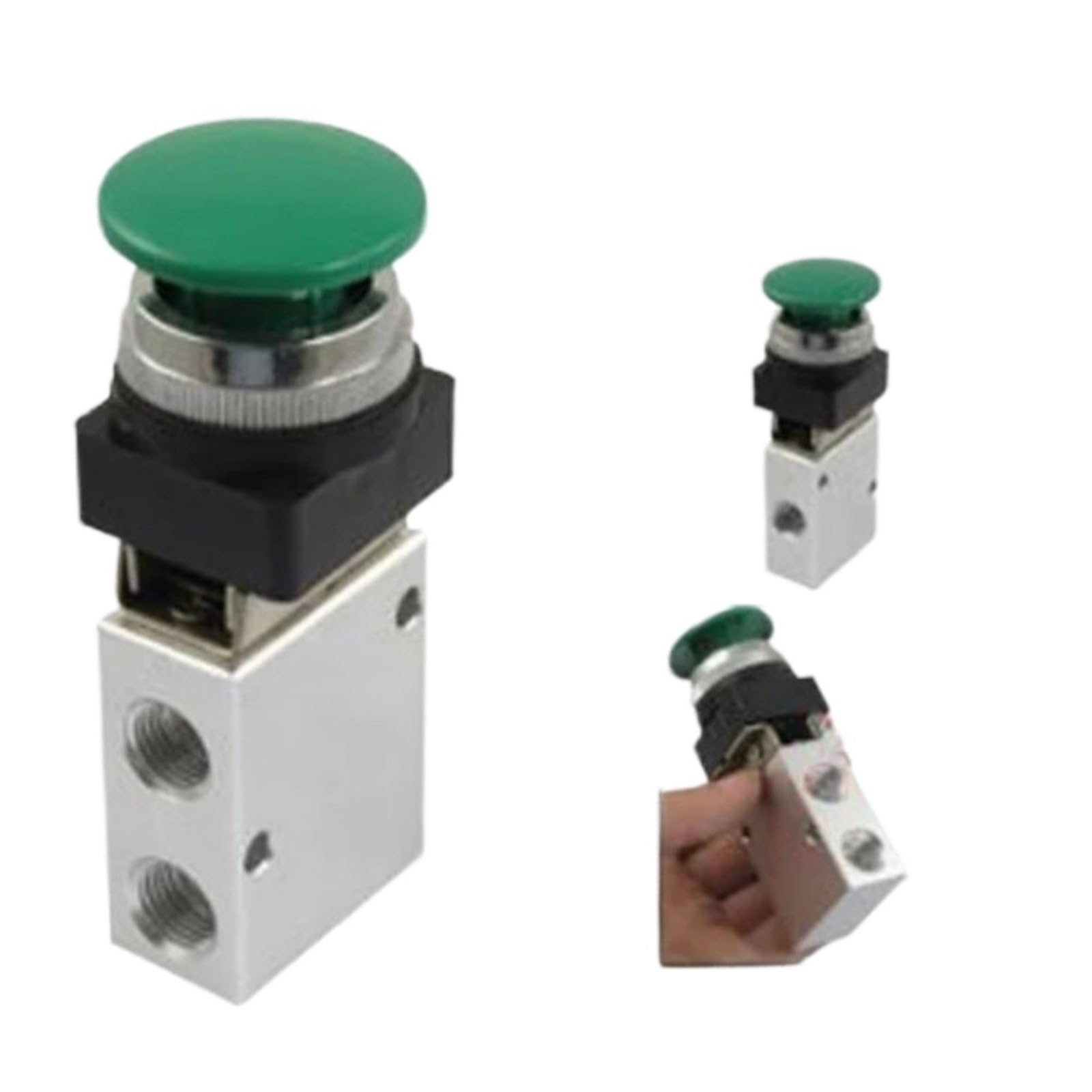 Válvula neumática de 3 vías JM 322PB con pulsador verde de 1/4 para automatizar maquinaria