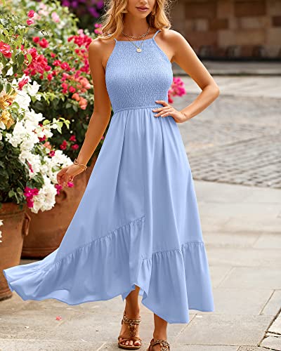 Btfbm Women's Sleeveless Halter Neck Casual Summer Dress Smocked Flowy Irregular Hem Wedding Beach Party Maxi Sundresses(Solid Blue, Large) #TOP4