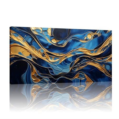 Toile moderne bleu et motif marbre doré 80x160cm cadre intérieur