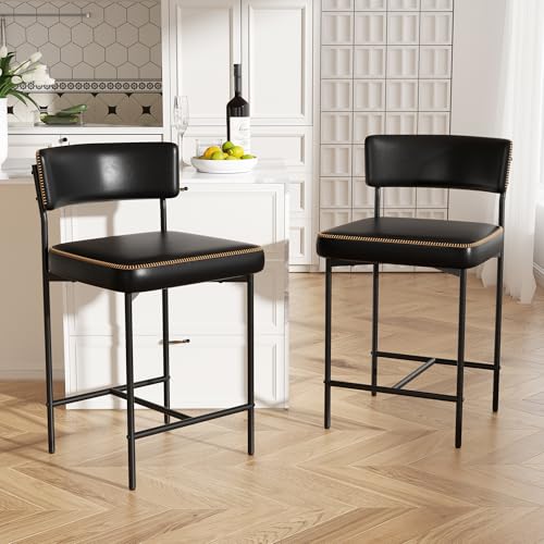 Image of Bar Stools Set of 2, Faux Leather Counter Height Barstools with Curved Back, 25 Inch Upholstered Bar Chairs, Modern Counter Stools for Kitchen lsland, Black