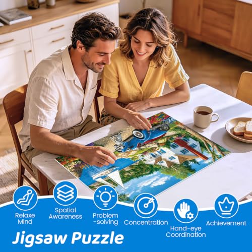 Rompecabezas de 500 piezas para adultos: paisaje lacustre con montañas, cabaña y auto clásico azul; rompecabezas jigsaw con perro y cachorro, ideal para adolescentes, adultos y mayores miniatura 6