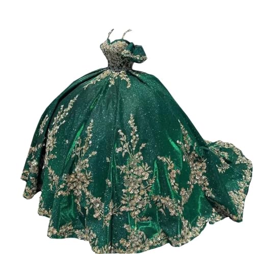 Glittery Sequins Satin Gold Leaf Floral Appliques Quinceanera Dresses Cold Shoulder Pageant Party Dress 2025