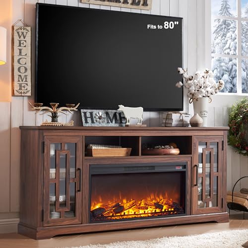 JXQTLINGMU Farmhouse Fireplace TV Stand with 36" Electric Fireplace for 80 Inch TV, 32" Tall Entertainment Center, Modern Media Console, 6 Shelves Storage Cabinet for Living Room, Brown