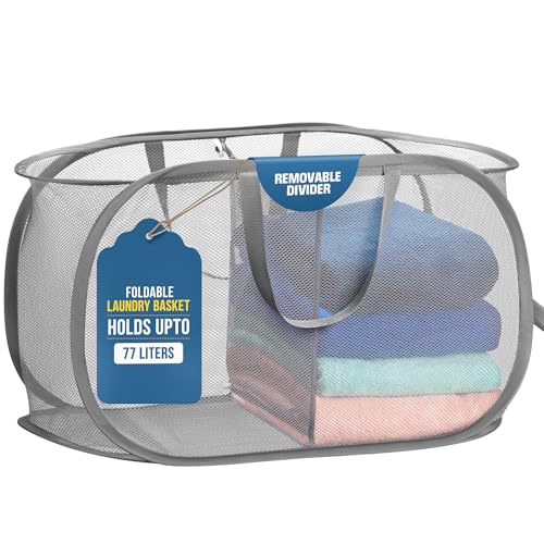 Image of Handy Laundry Collapsible Laundry Basket, 2-Compartment Mesh Pop Up Hamper with Handles - Foldable, Space-Saving Dirty Clothes Organizer for Dorm, Travel, Laundry Room, Grey