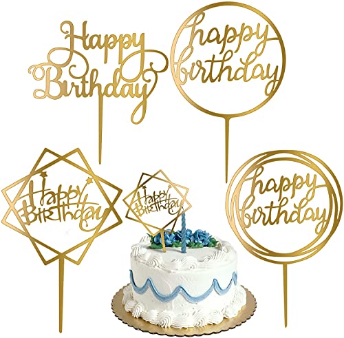 Monkey Home Decoración de pastel de feliz cumpleaños - Decoración de pastel de acrílico dorado - 4 formas diferentes para cumpleaños y decoración de eventos, paquete de 4 (dorado) Cover