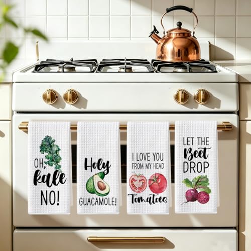 Image of 4Pcs Funny Vegetable Kitchen Towels 24x14 Inch, Tomato Avocado Carrot Decor Microfiber Reusable Tea Towels for Bathroom Farmhouse, Durable Waffle Dish Drying Towel, Housewarming Gifts for Women Mom