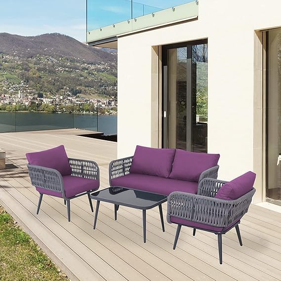 Image of LOCCUS 4-Piece Outdoor Rope Patio Furniture Set - All-Weather Waterproof Conversation Set with Cushions, Modern Woven Bistro Set for Balcony, Lawn, Garden, or Terrace (Purple)