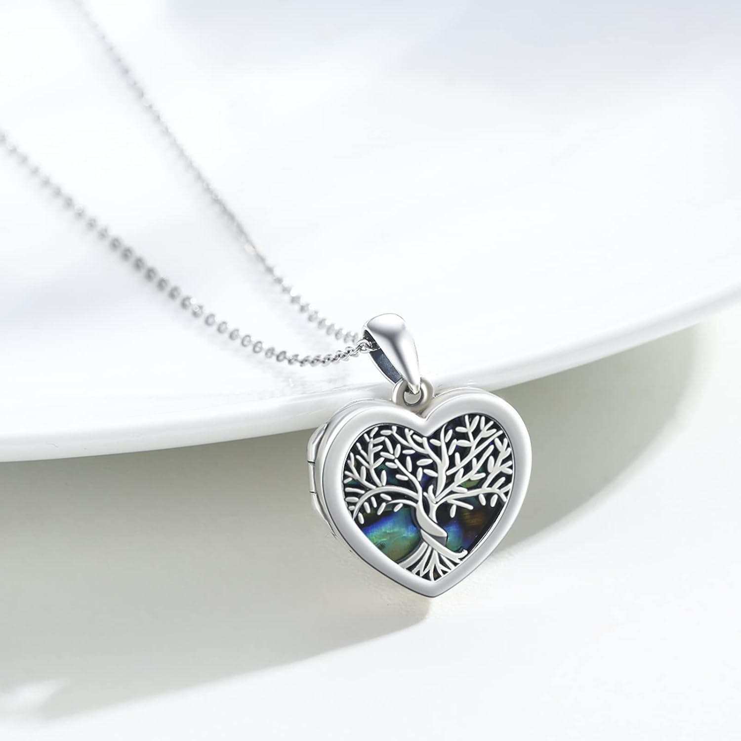 Tree of Life Locket Necklace That Hold Pictures Sterling Silver with Abalone Shell Family Tree Pendant Necklace Memorial Photo Heart Necklace Jewelry Xmas Gifts for Women