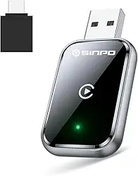 Adaptador CarPlay e Android Auto sem fio para iPhone e Android, com cabo de extensão USB e USB-C, conexão estável e sem atraso, design compacto, cor preta