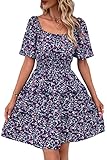 PRETTYGARDEN Women's 2024 Floral Summer Short Dress Square Neck Short Sleeve Tiered Ruffle Boho Swing Dresses