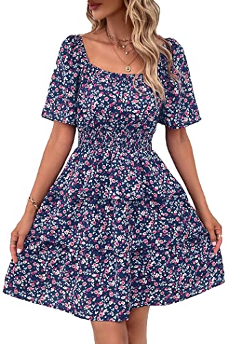Image of PRETTYGARDEN Women's Summer Floral Ruffle Short Dress | Short Sleeve Square Neck, Flowy Tiered Hem, Fit and Flare, Flower Boho Dresses, Cute Beach Vacation Outfits, Fashion Clothing