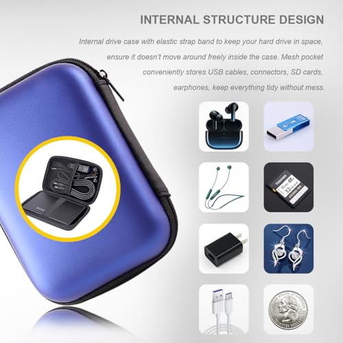 Hard Drive Carrying Case Storage Organizer Bag Multi-Purpose Universal Carry Pouch Compatible with Western Digital WD Elements Seagate, 2.5’’ EVA Shockproof Travel Case (Blue)