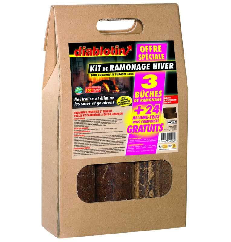 Diablotin Kit 3 bûches de ramonage Hiver et 24 cubes allume feux
