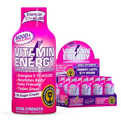 Vitamin Energy Mood+ Extra Strength Energy Shot Tropical Berry 12 Pack, 260mg Natural Caffeine,