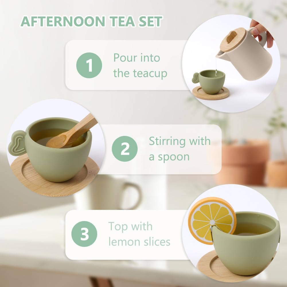 HOTUT Wooden Afternoon Tea Set for Toddlerr,Children Tea Party Set including Cup base and Cups,Dishwasher Safe Tea Set for Toddler,Wooden Tea Set for Toddler,Silicone Tea Party Set for Girls Boys Gifts - Image 3
