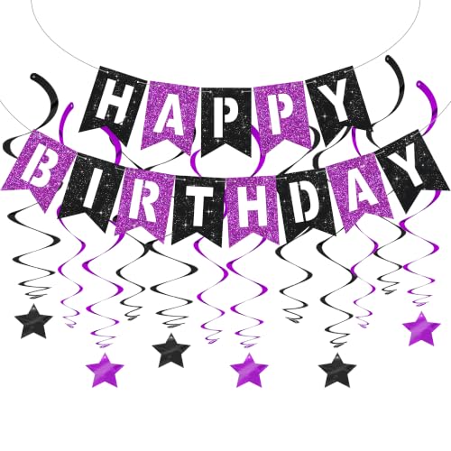 Image of BEISHIDA Black Purple Happy Birthday Banner with Stars for Kids Women Men Birthday Decor