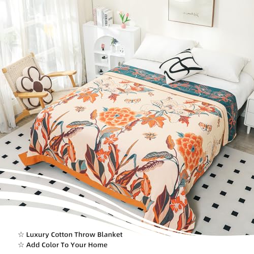 Boho Throw Blanket, 100% Organic Cotton Breathable Soft Lightweight All Season Rustic Bed Throw - Floral Bird Farmhouse Decor Blanket for Sofa Couch Chair Quilt and Gift. 60" x 80"