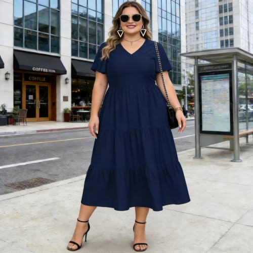 Image of Women's Plus Size Summer Dresses Floral Casual Tiered Midi Dresses V-Neck Short Sleeve Long Maxi Dress with Pockets