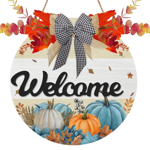 Welcome Fall Sign for Front Door Pumpkins Wreath Hanging Fall