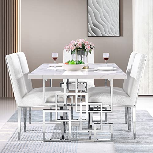 Azhome Modern Dining Table, 78 Inches Rectangular Dining Room Table For 6 To 8, White Rectangle Tabletop With Silver Stainless Steel Geometric Base #TOP3