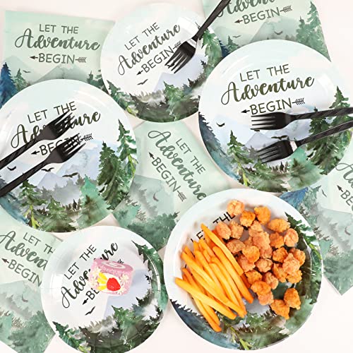 Image of Adventure Awaits Baby Shower Tableware Let The Adventure Begin Plates Pine Tree Mountain Wilderness Dinnerware Disposable Paper Dinnerware For Baby Shower Birthday Party Decor Supplies 24 Guests