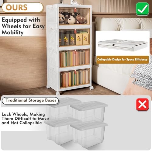 Image of Storage Boxes with Lid, Plastic Storage Boxes with 1 Lid 23L /Tier, 4-Tier Stackable Storage Boxes with Wheels, Folding Storage Bins, Storage Organizer for Bedroom Living Room Study Office